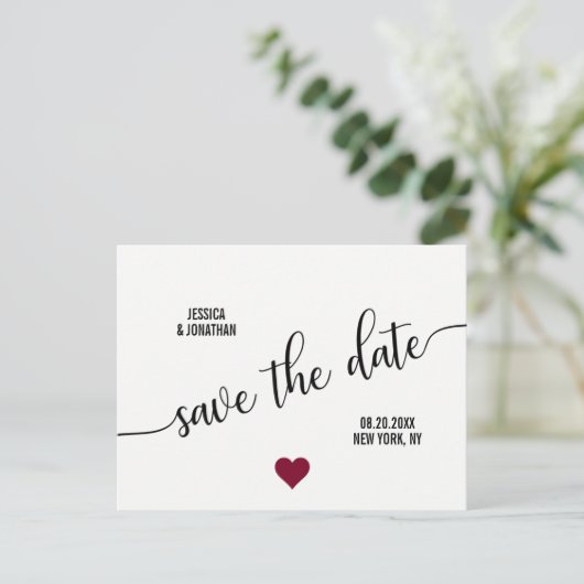 Carte Postale Faire-part BURGUNDY Blanc Noir Mariage SAUVEGARDEZ LA DATE (Debout devant)