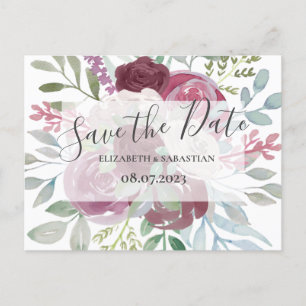 Carte Postale Faire-part Burgundy & Bleu Poussiéreux Aquarelle Save The Dat