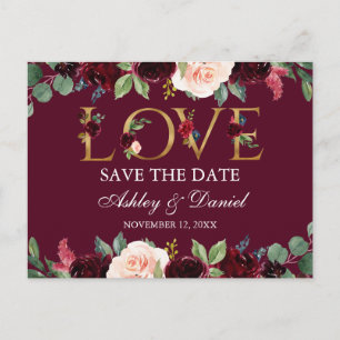 Carte Postale Faire-part Burgundy Blue Floral Gold Love Enregistrer La Date