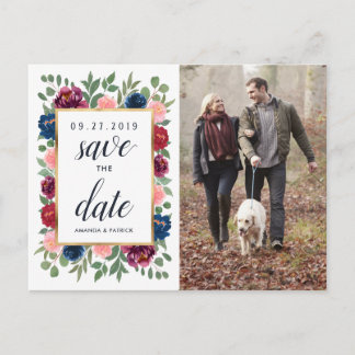 Carte Postale Faire-part Burgundy Blush Navy Gold Wedding Enregistrer la da