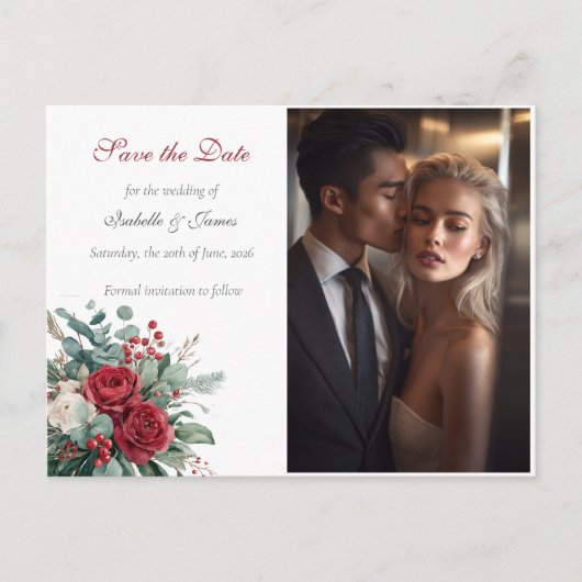 Carte Postale Faire-part Burgundy & Blush Roses Wedding Save the Date (Devant)
