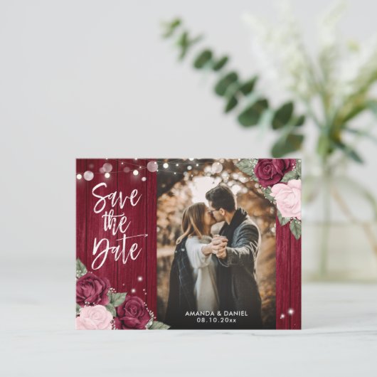 Carte Postale Faire-part Burgundy Blush Rustic Mariage Photo Enregistrer La (Debout devant)