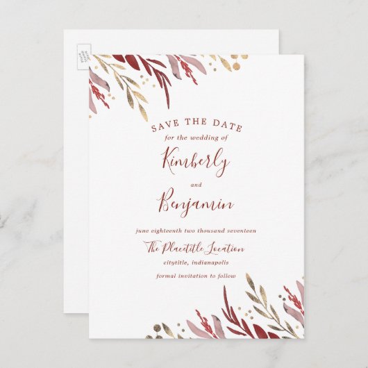 Carte Postale Faire-part Burgundy et Gold Elegant Branches Enregistrer la d (Devant / Derrière)