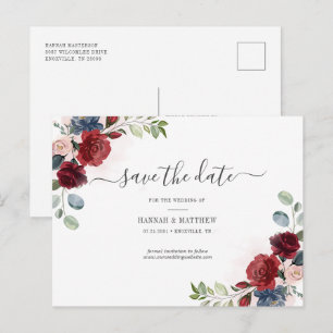 Carte Postale Faire-part Burgundy Floral Aquarelle Blush Enregistrer La Dat