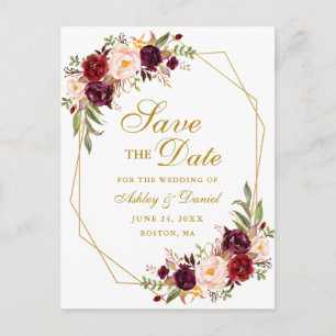 Carte Postale Faire-part Burgundy Floral Gold Frame Enregistrer la date