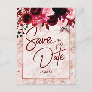 Carte Postale Faire-part Burgundy Floral & Rose Gold Mariage Save the Date
