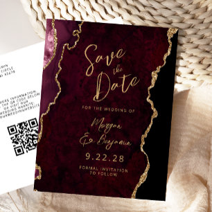 Carte Postale Faire-part Burgundy Gold Agate QR Code Enregistrer la date