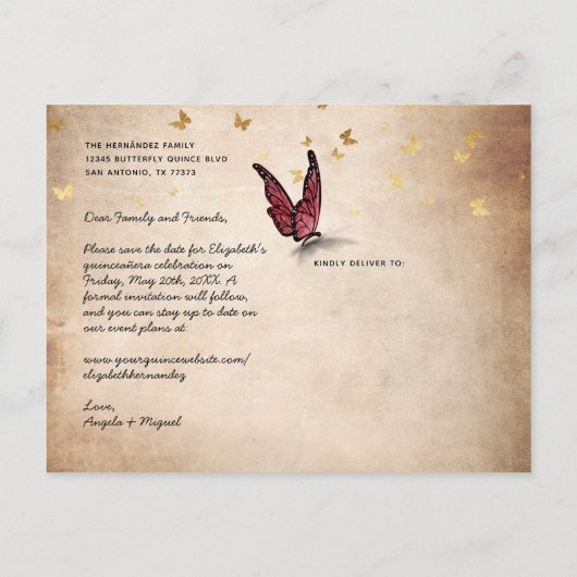 Carte Postale Faire-part Burgundy Gold Butterfly Quince Photo Enregistrer l (Dos)