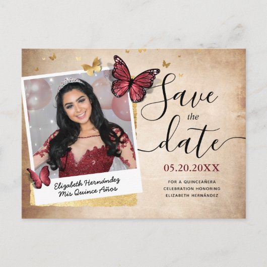 Carte Postale Faire-part Burgundy Gold Butterfly Quince Photo Enregistrer l (Devant)