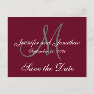 Carte Postale Faire-part Burgundy Grey Script Monogram Formal Enregistrer l