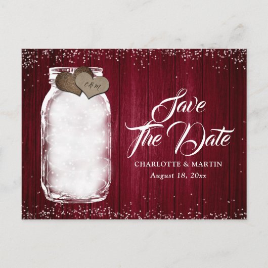 Carte Postale Faire-part Burgundy Mason Jar Bois Mariage Enregistrer La Dat (Devant)
