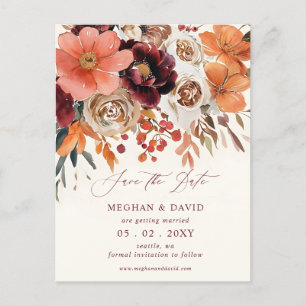 Carte Postale Faire-part Burgundy Orange Floral Fall Enregistrer la date