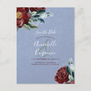 Carte Postale Faire-part Burgundy Rouge et Dusty Blue Floral Enregistrer la