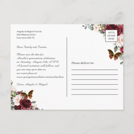 Carte Postale Faire-part Burgundy Rouge Fleurs de Quinceañera en Photo S (Dos)