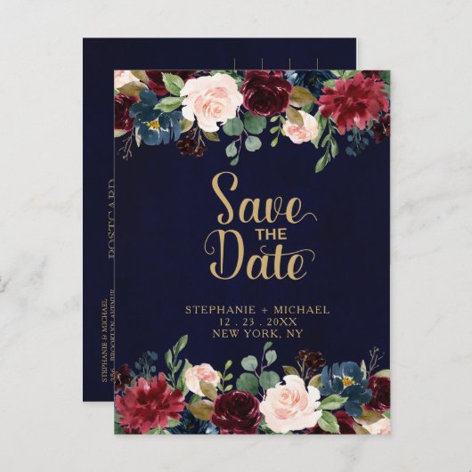 Carte Postale Faire-part Burgundy Rouge Navy Floral Rustique Bohème Enregis (Devant / Derrière)