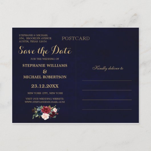 Carte Postale Faire-part Burgundy Rouge Navy Floral Rustique Bohème Enregis (Dos)