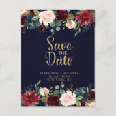 Carte Postale Faire-part Burgundy Rouge Navy Floral Rustique Bohème Enregis (Devant)