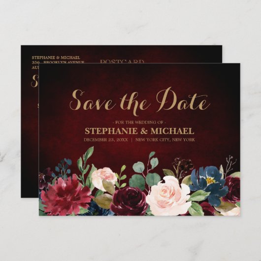 Carte Postale Faire-part Burgundy Rouge Navy Floral Rustique Bohème Enregis (Devant / Derrière)