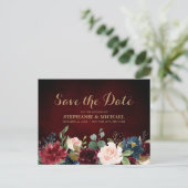 Carte Postale Faire-part Burgundy Rouge Navy Floral Rustique Bohème Enregis (Debout devant)