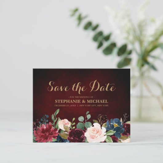 Carte Postale Faire-part Burgundy Rouge Navy Floral Rustique Bohème Enregis (Debout devant)