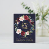 Carte Postale Faire-part Burgundy Rouge Navy Floral Rustique Bohème Save th (Debout devant)