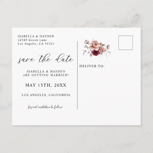 Carte Postale Faire-part Burgundy Terracotta Automne Floral Enregistrer La (Dos)