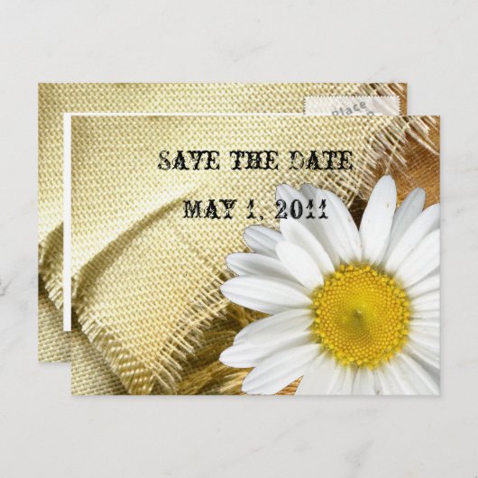 Carte Postale Faire-part Burlap Daisy Enregistrez la Date (Devant / Derrière)