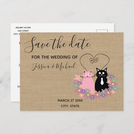 Carte Postale Faire-part Burlap drôle mignon chats de dessin animé enregist (Devant / Derrière)