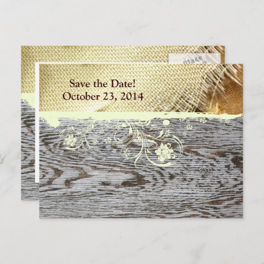 Carte Postale Faire-part Burlap et Wood Country Enregistrer la date (Devant / Derrière)