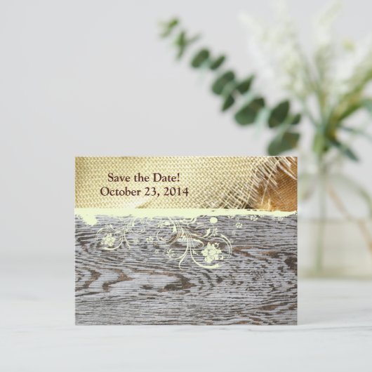 Carte Postale Faire-part Burlap et Wood Country Enregistrer la date (Debout devant)