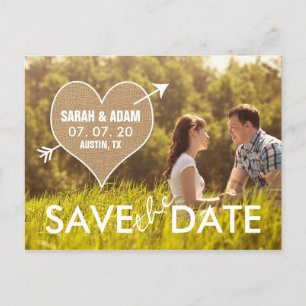 Carte Postale Faire-part Burlap Heart Rustique Enregistrer la date