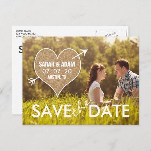 Carte Postale Faire-part Burlap Heart | Rustique Enregistrer la date (Devant / Derrière)