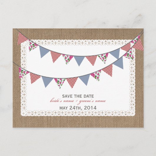 Carte Postale Faire-part Burlap Inspiré En vichy Fleurs Drapeaux Enregistre (Devant)