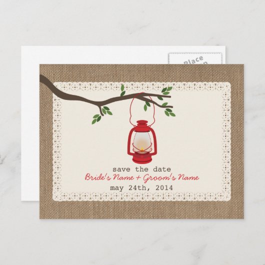 Carte Postale Faire-part Burlap Inspiré Mariage Lanterne Enregistrer La Dat (Devant / Derrière)