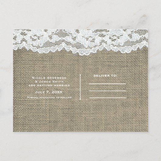 Carte Postale Faire-part Burlap & Lace Simple Mariage rustique Enregistrer (Dos)