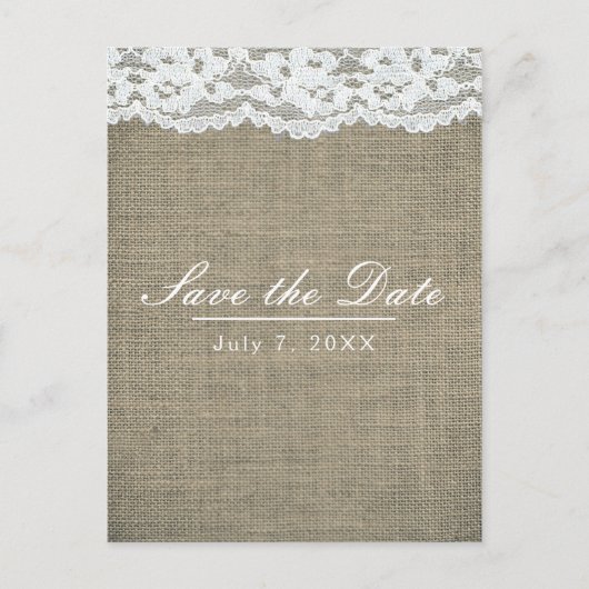 Carte Postale Faire-part Burlap & Lace Simple Mariage rustique Enregistrer (Devant)