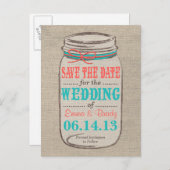 Carte Postale Faire-part Burlap rustique & Mason Jar Enregistrer la date -  (Devant / Derrière)