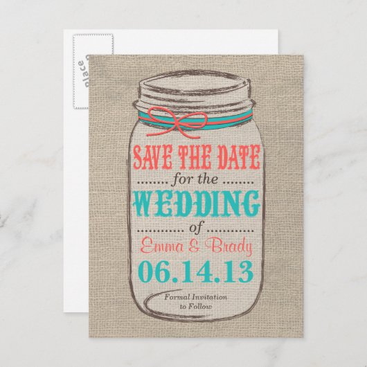 Carte Postale Faire-part Burlap rustique & Mason Jar Enregistrer la date -  (Devant / Derrière)