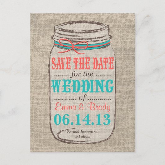 Carte Postale Faire-part Burlap rustique & Mason Jar Enregistrer la date -  (Devant)