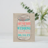 Carte Postale Faire-part Burlap rustique & Mason Jar Enregistrer la date -  (Debout devant)