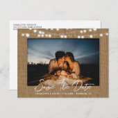 Carte Postale Faire-part Burlap String Lights Mariage Photo Enregistrer La  (Devant / Derrière)