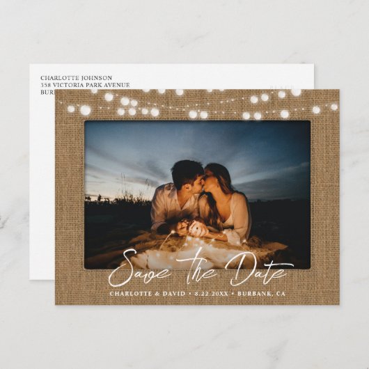 Carte Postale Faire-part Burlap String Lights Mariage Photo Enregistrer La  (Devant / Derrière)