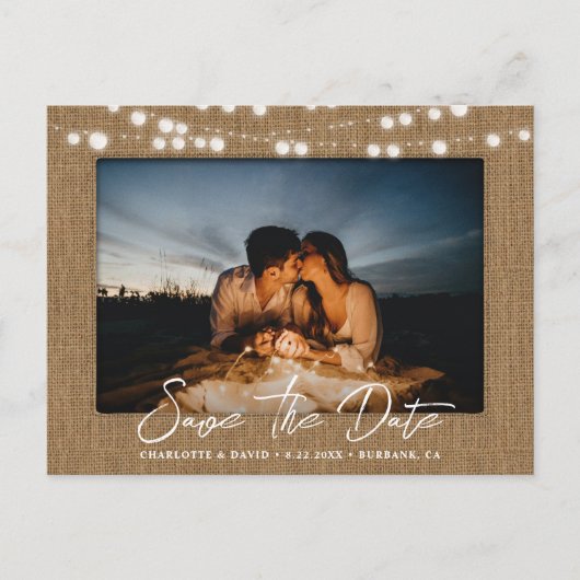 Carte Postale Faire-part Burlap String Lights Mariage Photo Enregistrer La (Devant)