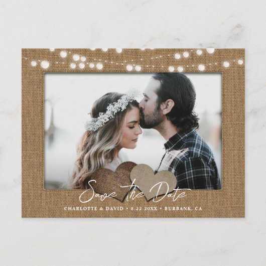Carte Postale Faire-part Burlap String Lights Mariage Photo Enregistrer La (Devant)