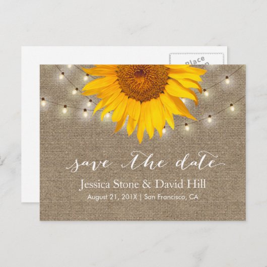 Carte Postale Faire-part Burlap String Lights & Sunflower Enregistrer la da (Devant / Derrière)
