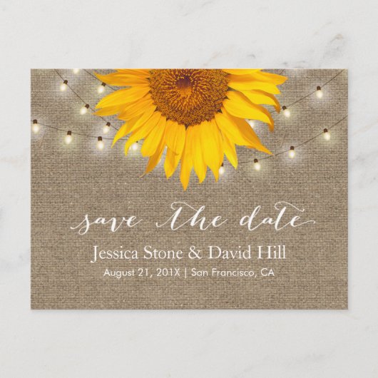 Carte Postale Faire-part Burlap String Lights & Sunflower Enregistrer la da (Devant)