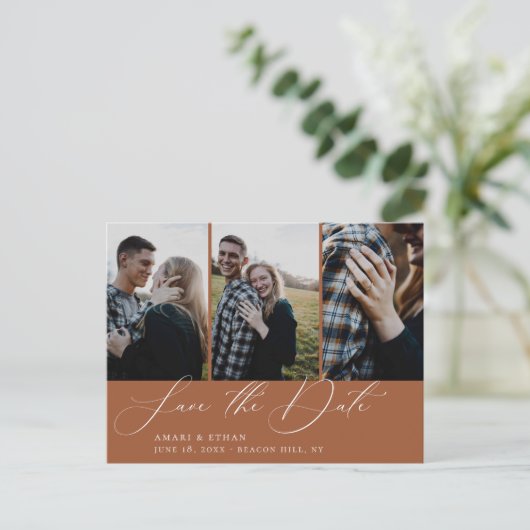 Carte Postale Faire-part Burnt Orange Multi-Photo Enregistrer la date (Debout devant)