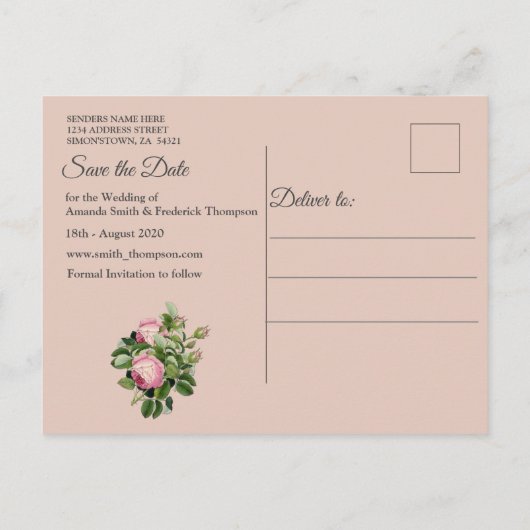 Carte Postale Faire-part Bush Garden Green - Roses roses tendres Enregistre (Dos)