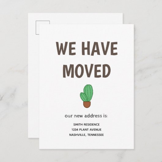 Carte Postale Faire-part Cactus dans un pot Nous avons déménagé (Devant / Derrière)