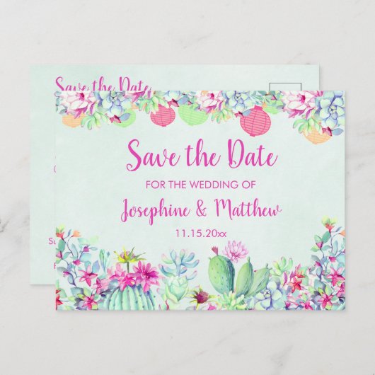 Carte Postale Faire-part Cactus Lantern Fiesta Succulents Enregistrer la da (Devant / Derrière)